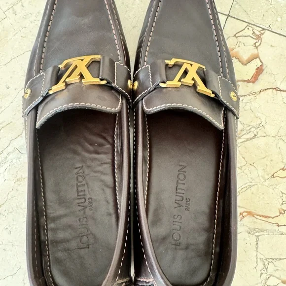 LOUIS VUITTON MENS MONTE CARLO DRIVERS- WORN 1X- SIZE 10- BROWN W/ GOLD HARDWARE - Picture 3 of 9
